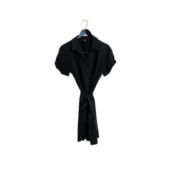 Paige Callan Black Button Front Short Sleeve Belted Pleated Hem Mini Dress Small - Picture 3 of 10